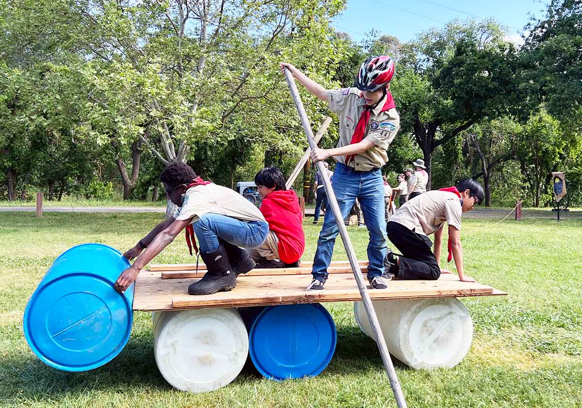 Scouts working together during a team-building activity